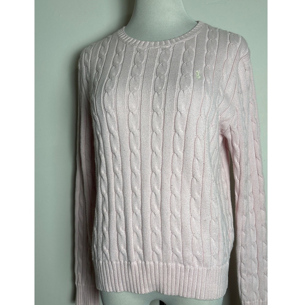 Polo Ralph Lauren Womens Cable Knit Sweater L Preppy Logo Coastal Pastel Cotton